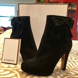 Coach Black Suede Hidden Platform Bow Booties